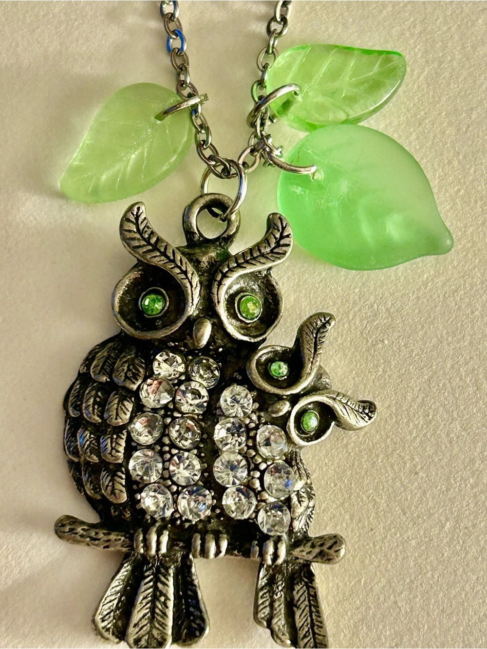 Vintage Crystal Owl & Owlet pendant, green glass leaves new 20+” stainless chain